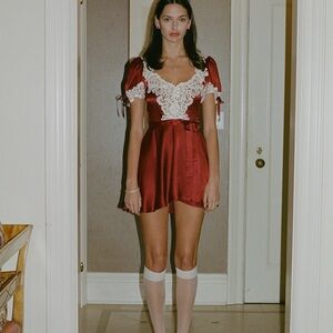 Red Satin Dress with Lace Details